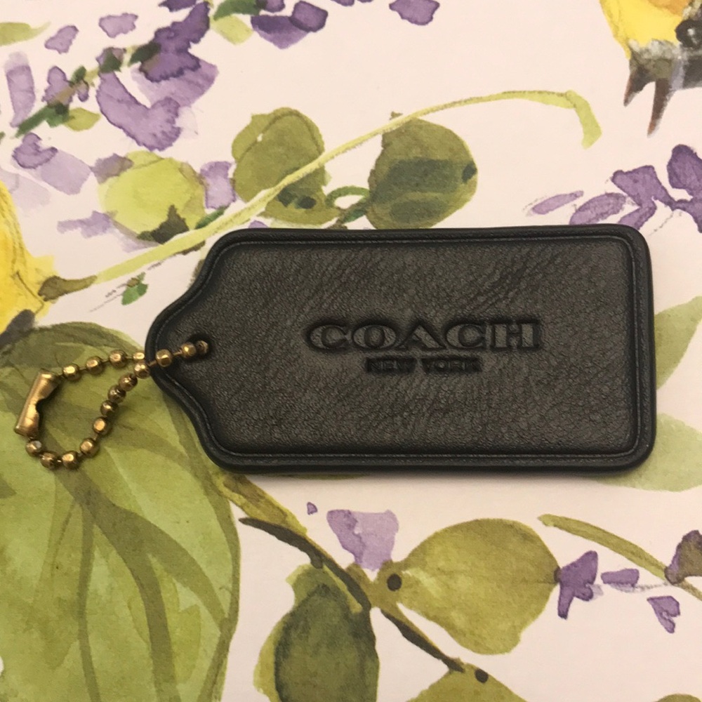 COACH Black Leather Bag Tag with Gold Chain